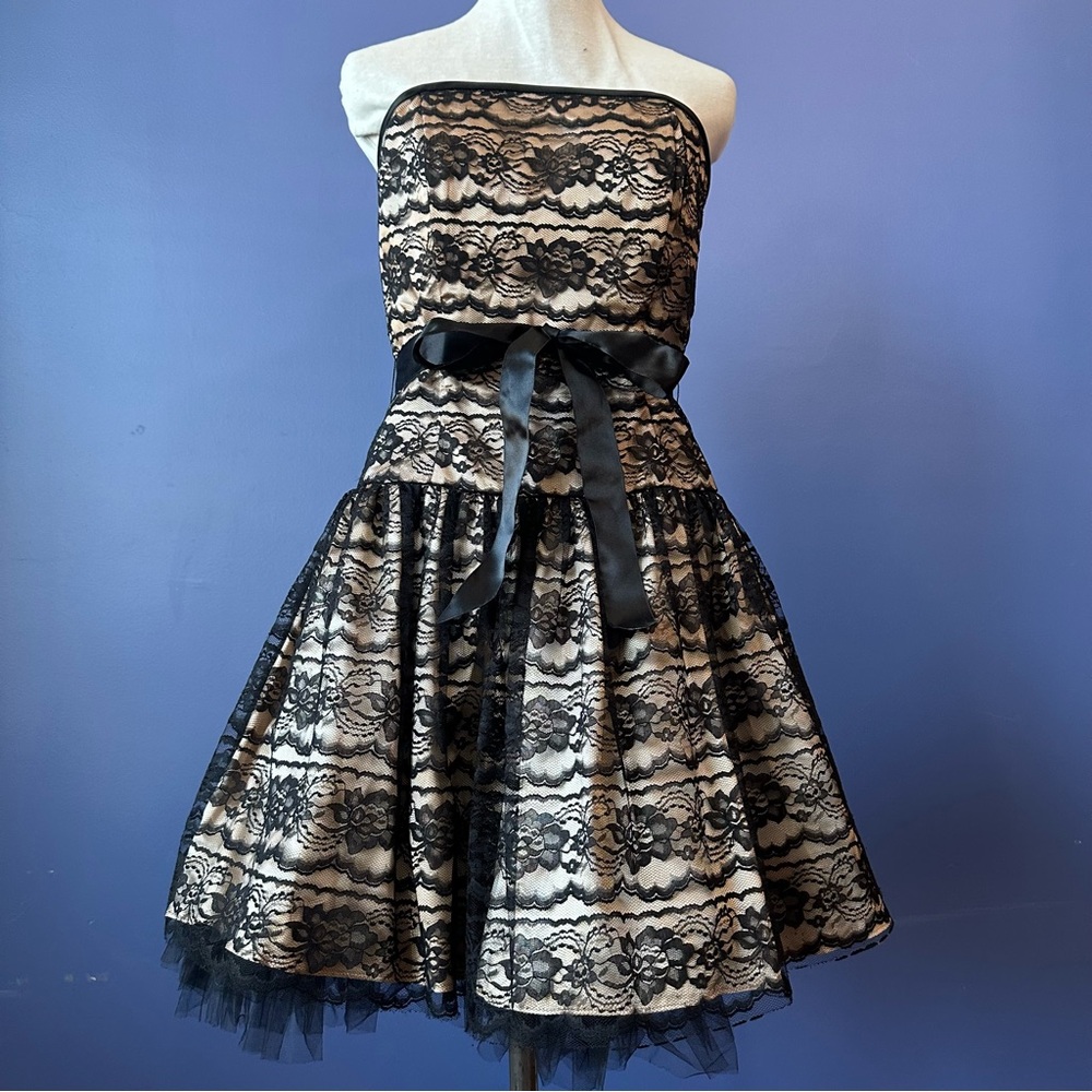 Gunne Sax Jessica McClintock 80’s Prom Black Lace Dress 9/10 Knee Length
